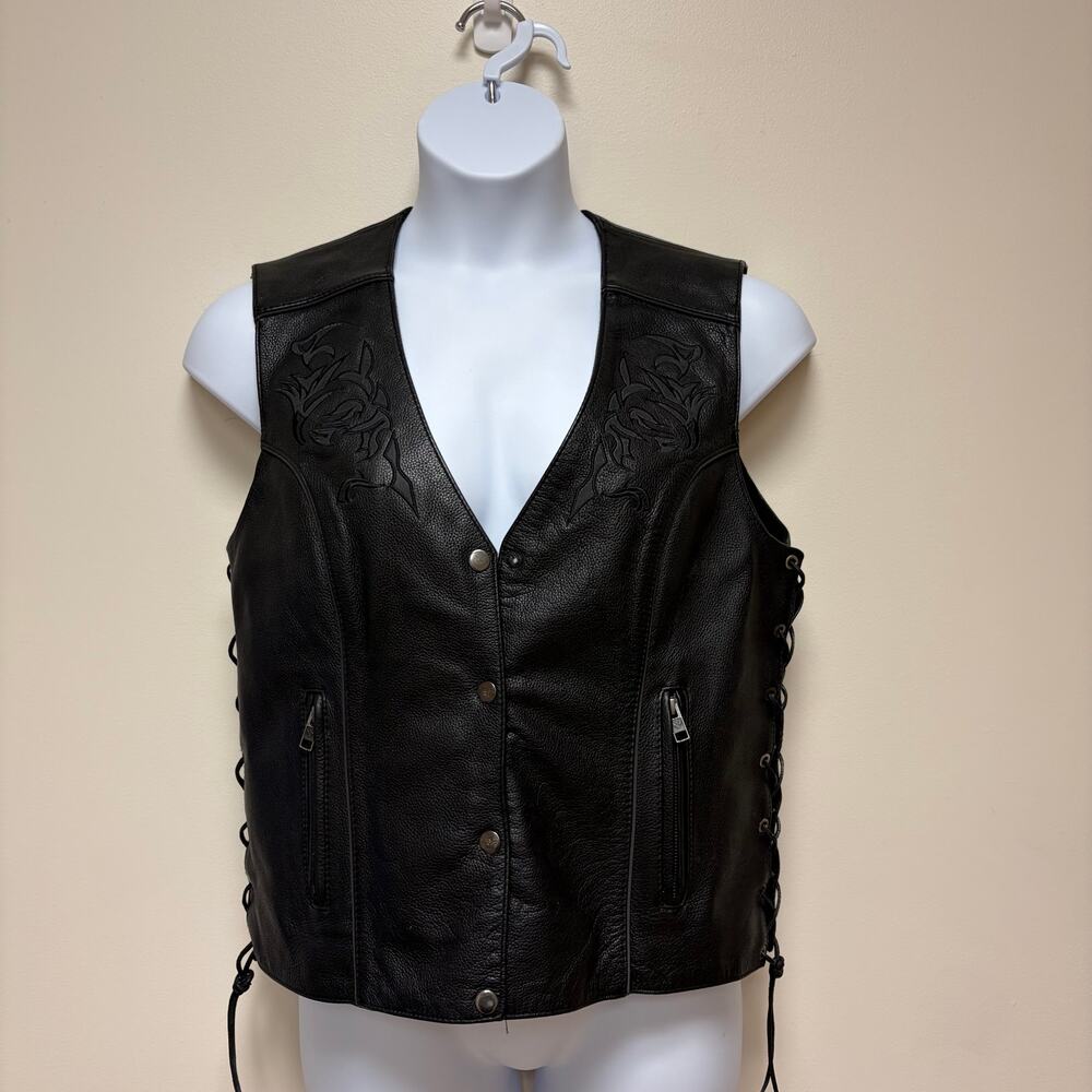 Milwaukee Leather Women Vest Black Side Lace Conceal Carry Tribal Embroidery XL